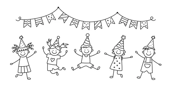 Un grupo de niños felices saltando en una fiesta de cumpleaños. Los niños saltan bajo las banderas de banderines en unas vacaciones divertidas. Niños dibujados a mano dibujando. Ilustración vectorial aislada en estilo doodle — Vector de stock