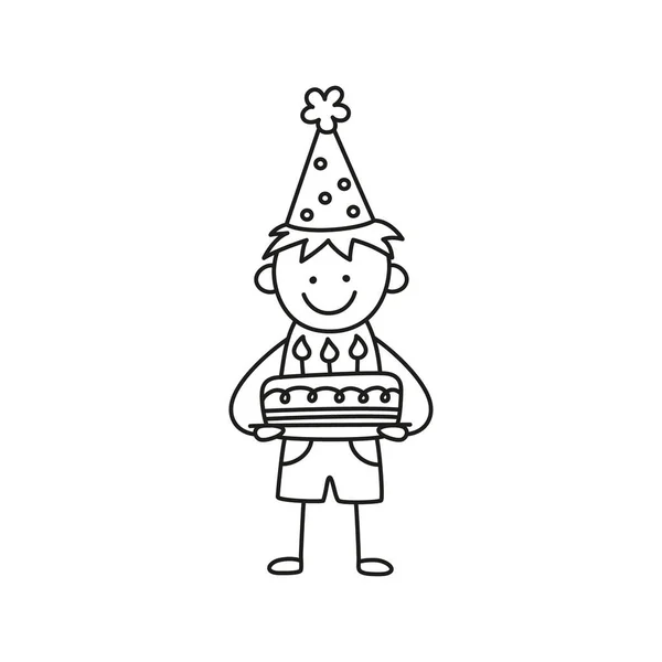 Uma criança segura um bolo com velas em uma festa de aniversário. Rapaz de chapéu festivo de férias. Desenho de crianças desenhado à mão. Ilustração vetorial isolada em estilo doodle sobre fundo branco —  Vetores de Stock