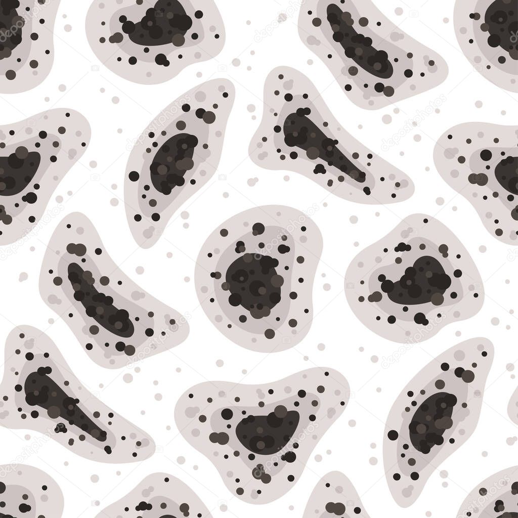 Seamless pattern with black mold spots. Toxic mold spores. Fungi and bacteria. Black fungus outbreak. Mucormycosis disease. Isolated vector illustration on white background