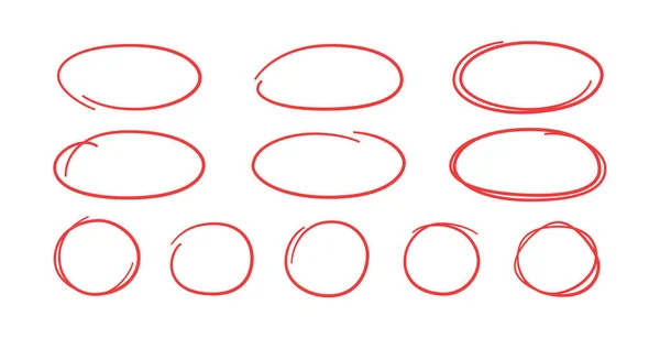 Conjunto de círculos vermelhos desenhados à mão e ovais. Destaque quadros de círculo. Ellipses em estilo doodle. Ilustração vetorial isolada sobre fundo branco —  Vetores de Stock