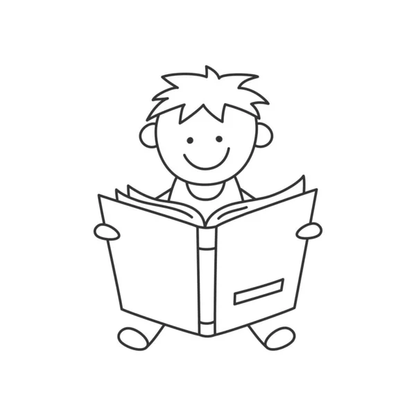 Pequeno garoto desenhado à mão segurando livro aberto e leitura. Educação infantil. O rapaz lê o livro. Ilustração vetorial isolada sobre fundo branco em estilo doodle. AVC editável —  Vetores de Stock