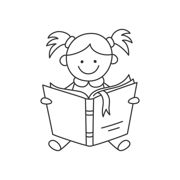 Piccolo bambino disegnato a mano che tiene aperto libro e lettura. Educazione infantile. Una ragazza legge un libro. Illustrazione vettoriale isolata su sfondo bianco in stile doodle. Ictus modificabile — Vettoriale Stock