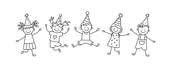 Un grupo de niños felices saltando en una fiesta de cumpleaños. Los niños en sombreros festivos saltan en unas vacaciones divertidas. Niños dibujados a mano dibujando. Ilustración vectorial aislada en estilo doodle sobre fondo blanco — Vector de stock