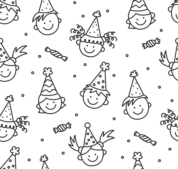 Modello senza cuciture con scarabocchi di buon compleanno. Facce da bambini divertenti. Bambini in cappelli festivi in una vacanza divertente. Disegno per bambini disegnato a mano. Illustrazione vettoriale in stile doodle su sfondo bianco — Vettoriale Stock