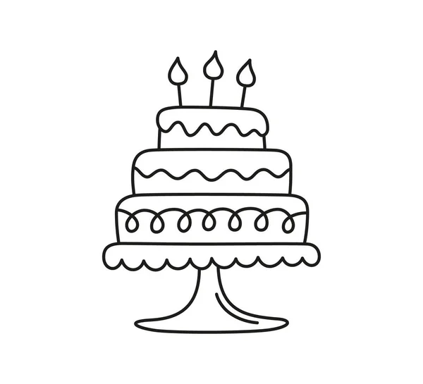 Pastel de cumpleaños dibujado a mano con velas. Niños dibujando garabatos. Ilustración vectorial aislada sobre fondo blanco — Vector de stock