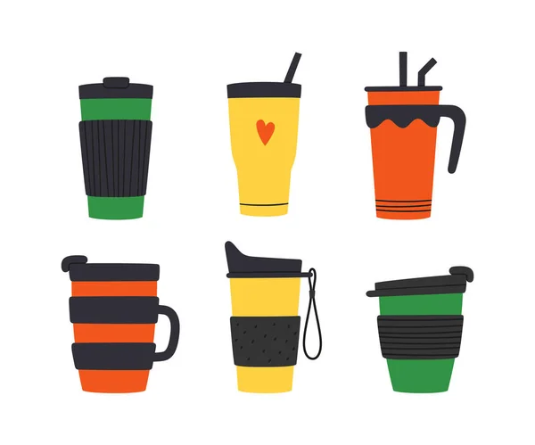 Set van tuimelaars met dop, handvat en rietje. Herbruikbare kopjes en thermo mok. Verschillende ontwerpen van thermoskan voor afhaalkoffie. Vector illustraties geïsoleerd in platte en cartoon stijl — Stockvector