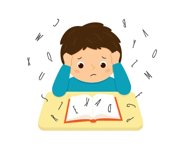 Child suffering with dyslexia is having difficulty in reading a book. Stressed little boy doing hard homework on the desk. Dyslexia disorder concept. Vector illustration isolated on white background — Stock Vector