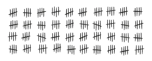 Tally izleri. Elle çizilmiş çizgiler ya da sopalar dörde ayrılıp çizilmiş. Basit matematiksel sayım görselleştirme, hapishane ya da hapishane duvarı sayacı. Vektör illüstrasyonu beyaz arkaplanda izole edildi