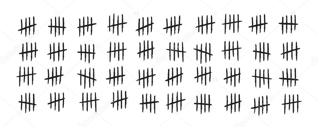 Tally marks. Hand drawn lines or sticks sorted by four and crossed out. Simple mathematical count visualization, prison or jail wall counter. Vector illustration isolated on white background