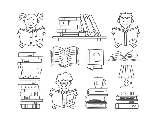 Kitap seti ve okuma çocukları. Elleri açık kitap tutan ve kitap okuyan küçük çocuklar çizilmiş. Beyaz arkaplanda karalama tarzında izole edilmiş vektör çizimleri. Düzenlenebilir vuruş — Stok Vektör