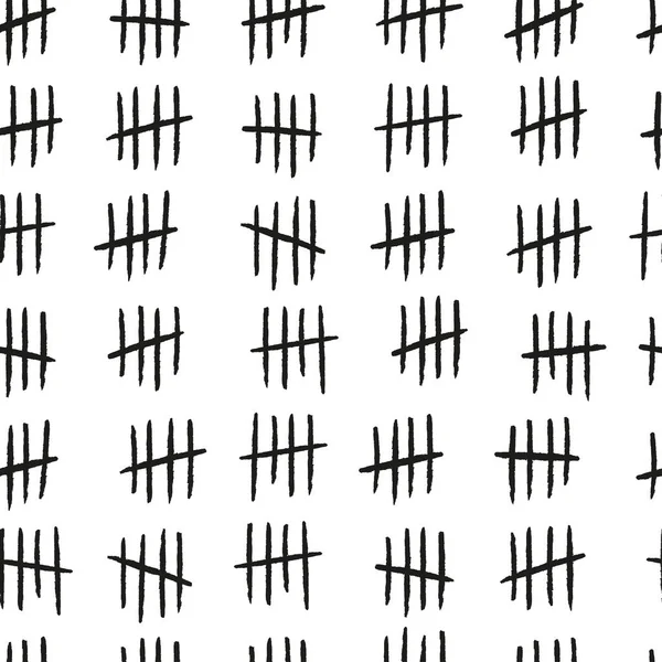 Tally marks seamless pattern. Hand drawn lines or sticks sorted by four and crossed out. Simple mathematical count visualization, prison or jail wall counter. Vector illustration on white background — Διανυσματικό Αρχείο