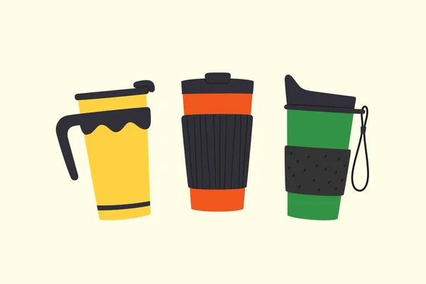 Set of tumblers with cap and handle. Reusable cups and thermo mugs. Different designs of thermos for take away coffee. Vector illustrations isolated in flat and cartoon style on light background — 스톡 벡터