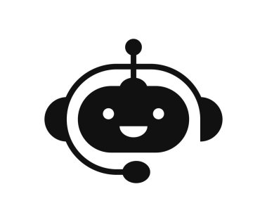 Chatbot icon. Support bot. Cute smiling robot with headset. The symbol of an instant response from the support service. Mobile helper icon. Vector illustration isolated on white background
