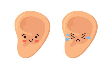 İnsan kulağı Kawaii mutlu ve üzgün karakterler. Sağlıklı ve hasta kulaklı. Sağlıklı işitme organı. Kemik iltihabı ve diğer hastalıklar. El çizimi biçiminde beyaz arkaplanda izole edilmiş vektör illüstrasyonu