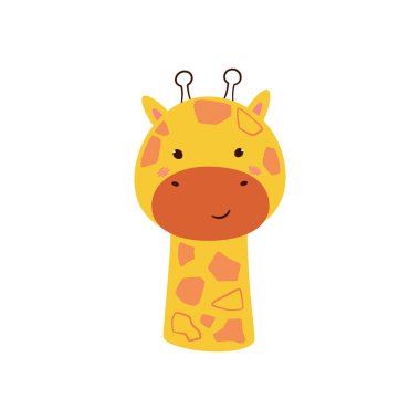 Şirin zürafa. Hayvan kawaii karakteri. Komik küçük zürafa surat. Beyaz arkaplanda izole edilmiş vektör el çizimi
