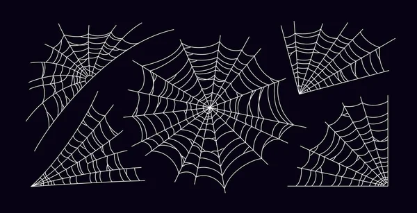 Set of scary spider web. White cobweb silhouette isolated on black background. Hand drawn spider web for Halloween party. Vector illustration — Stock Vector