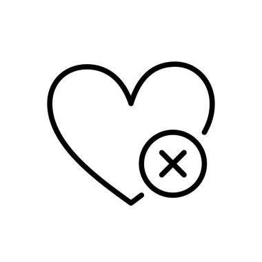 Hearts with cross. Wishlist icon. Delete from favorites. Editable stroke. Vector illustration isolated on white background
