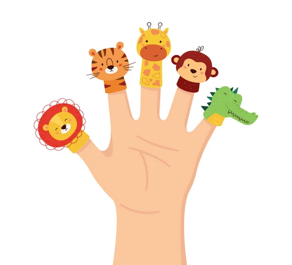 Marionetas de animales de mano. Teatro de dedos para niños. De ocio familiar. León, tigre, jirafa, mono y muñecas de cocodrilo. Ilustración vectorial aislada sobre fondo blanco en estilo dibujado a mano — Vector de stock