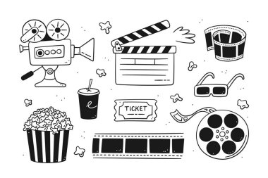 Film kameralı el yapımı sinema seti, klemp, sinema makarası ve bant, çizgili kutuda patlamış mısır, sinema bileti ve 3D gözlükler. Beyaz arkaplanda karalama biçiminde izole edilmiş vektör illüstrasyonu