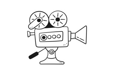 El çizimi film kamerası. Projektör karalama tarzında. Eski model video kamera. Beyaz arkaplanda vektör çizimi izole edildi. Siyah ve...