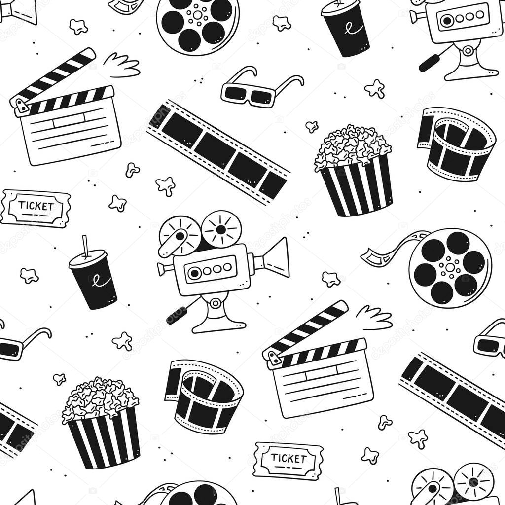 Hand drawn cinema seamless pattern with movie camera, clapper board, cinema reel and tape, popcorn in striped box, film ticket and 3d glasses. Vector illustration in doodle style on white background