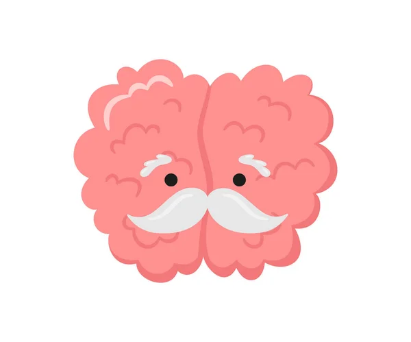 A kawaii old brain character with a gray mustache. Symbol of alzheimer disease, dementia and other age-related problems. Vector cartoon illustration isolated on white background — Stock Vector