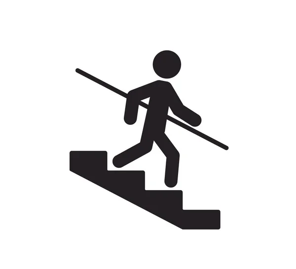 Мужчина спускается по лестнице и держится за перила. Осторожная лестница Используйте символ "Перила". Значок предупреждения об опасности. Векторная иллюстрация на белом фоне — стоковый вектор