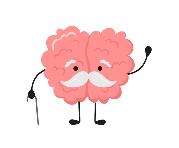 A kawaii old brain character with a gray mustache and walking stick. Symbol of alzheimer disease, dementia and other age-related problems. Vector cartoon illustration isolated on white background — Stock Vector