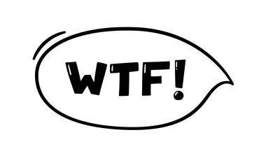 WTF harfli komik bir konuşma balonu. Küfür sembollü el çizimi konuşma balonu. Beyaz arkaplanda karalama biçiminde izole edilmiş vektör illüstrasyonu