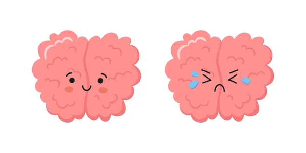 Kawaii happy human brain character and sad crying brain character. Hand drawn symbols of healthy mind and psychological disorder. Vector cartoon illustration isolated on white background — Stock Vector