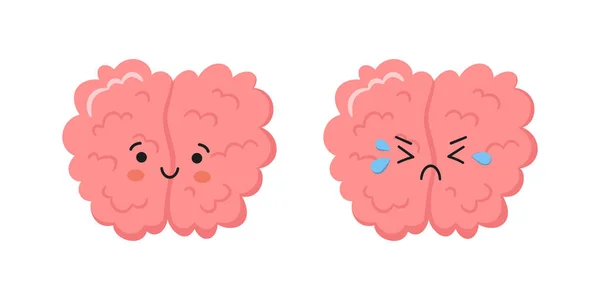 Kawaii mutlu insan beyni karakteri ve ağlayan üzgün beyin karakteri. Sağlıklı zihin ve psikolojik bozukluğun el çizimi sembolleri. Vektör karikatür çizimi beyaz arkaplanda izole edildi