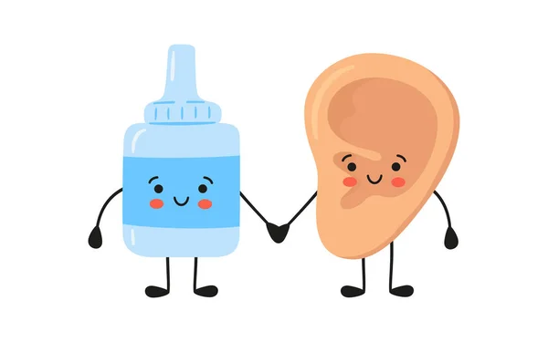 Oído humano Kawaii y médicos gotas personajes. Medicina para la salud de los oídos. Tratamiento de la otitis media y otras enfermedades. Ilustración vectorial aislada sobre fondo blanco en estilo dibujado a mano — Vector de stock