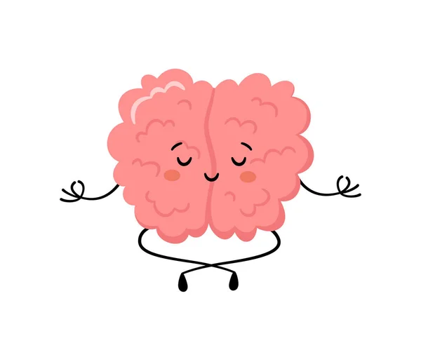 Yoga pozisyonunda şirin bir insan beyni. Kawaii sağlıklı beyin karakteri yoga ve meditasyon yapıyor. Beyaz arka grupta izole edilmiş komik vektör çizimi