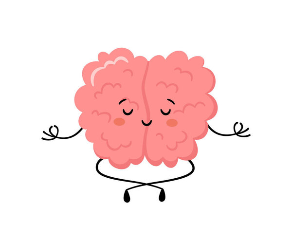 Cute human brain in yoga pose. Kawaii healthy brain character practicing yoga and meditates. Funny vector cartoon illustration isolated on white backgroun