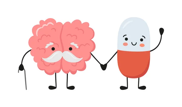 Old brain character and happy smiling medicine pill characters hold hands. Kawaii capsule and cute brain characters. Drug therapy. Vector isolated illustration on white background — Stock Vector