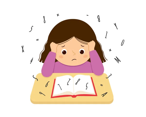 Child suffering with dyslexia and dyscalculia is having difficulty in reading a book. Stressed girl doing hard homework. Dyslexia disorder concept. Vector illustration isolated on white background — Stock Vector