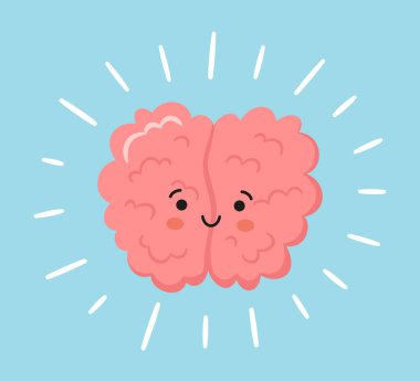 Kawaii mutlu insan beyni karakteri. Sağlıklı zihnin el çizimi sembolü. Vektör karikatür çizimi mavi arkaplanda ışınlarla izole edildi