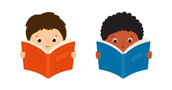 Beyaz Avrupalı ve siyah Afrikalı Amerikalı çocuklar kitap okurlar. Çocuklar kitapları tutar. Vektör illüstrasyonu beyaz arkaplanda izole edildi — Stok Vektör