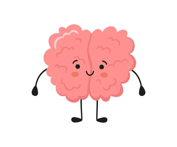 Kawaii felice personaggio del cervello umano. Simbolo disegnato a mano di mente sana. Illustrazione del cartone animato vettoriale isolato su sfondo bianco — Vettoriale Stock