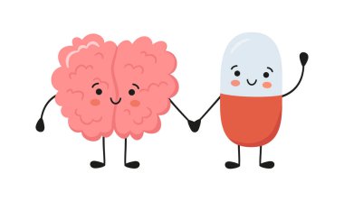 Sağlıklı bir beyin karakteri ve gülümseyen ilaç karakterleri el ele tutuşur. Kawaii kapsülü ve sevimli beyin karakterleri. İlaç tedavisi. Beyaz arkaplanda izole edilmiş vektör illüstrasyonu