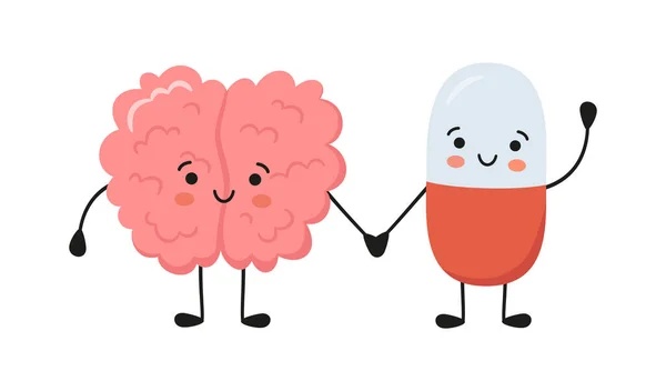 Healthy brain character and happy smiling medicine pill characters hold hands. Kawaii capsule and cute brain characters. Drug therapy. Vector isolated illustration on white background — Stock Vector