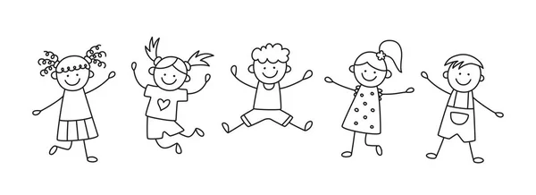 Um grupo de miúdos felizes a saltar. As crianças saltam juntas. Desenho de crianças desenhado à mão. Ilustração vetorial isolada em estilo doodle sobre fundo branco — Vetor de Stock