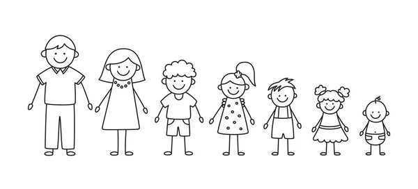 Familia de mans de garabatos felices. Conjunto de figura dibujada a mano de familia. Madre, padre e hijos. Ilustración vectorial aislada en estilo doodle sobre fondo blanco — Archivo Imágenes Vectoriales