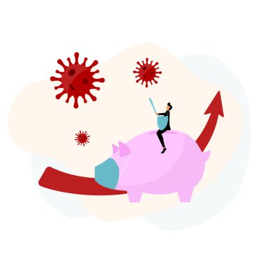 Salgın ve grip salgını Coronavirüs ya da para ve ekonomi ve borsa ve finansal durgunluk kavramında covid-19 etkisi. Vektör çizimi. Dev domuzcuk..