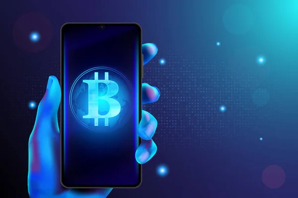 Digitales Bitcoin Konzept Futuristische Kryptowährungstechnologie Vektor Illustrationsdesign Hand Hält Smartphone — Stockvektor