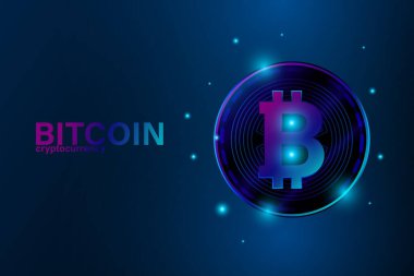 Bitcoin dijital şifreleme teknolojisi konsepti. Mavi arka plandaki dev elektrikli para. Vektör illüstrasyon tasarımı.