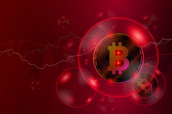 Bitcoin dijital kripto para birimi baloncuğun içinde ve ekonomiyi bozuyor. Sabun köpüğü krizi konsepti. Vektör illüstrasyon tasarımı.
