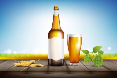 Malt Field arka planında şişe ve cam bira. Vektör illüstrasyon tasarımı.