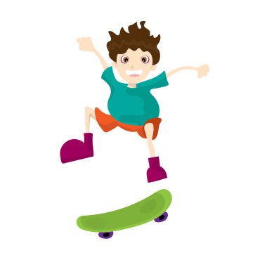 Küçük çocuk arka planda izole bir kaykaya biniyor. Çizgi film karakteri düz biçiminde vektör illüstrasyonu