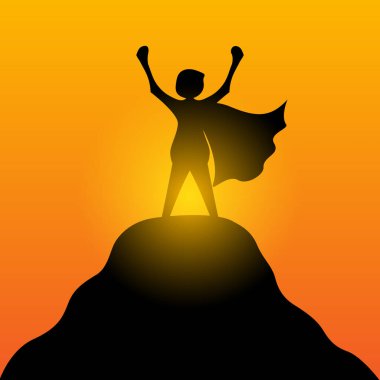 Taş tepenin üstünde duran bir adamın silueti. Sıkı çalış ve başarılı bir konsept. Vektör illüstrasyon tasarımı.